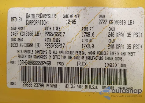 2006 Dodge Dakota Slt z USA, uszkodzony, nr VIN 1D7HE48N66S592468